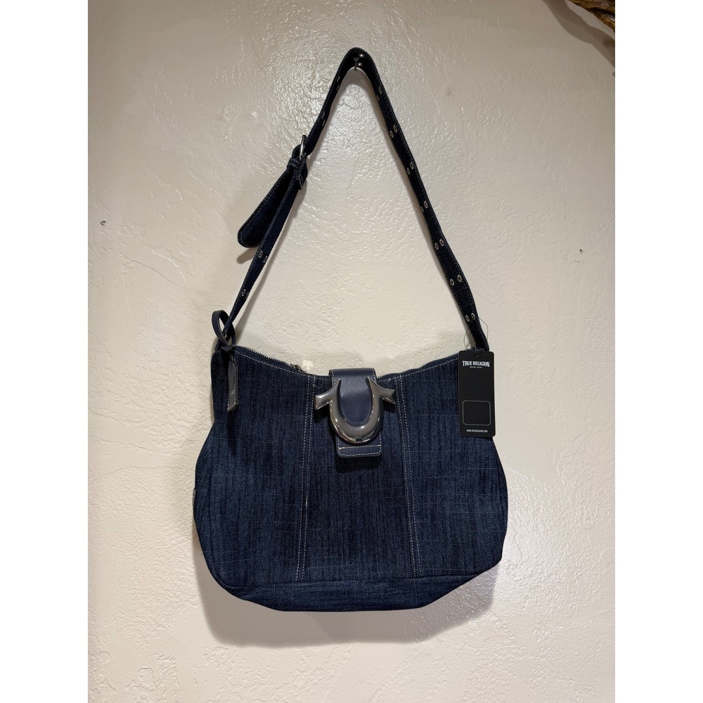 True Religion Denim Hobo Shoulder Bag Dark Indigo Horseshoe Logo Buckle NWT